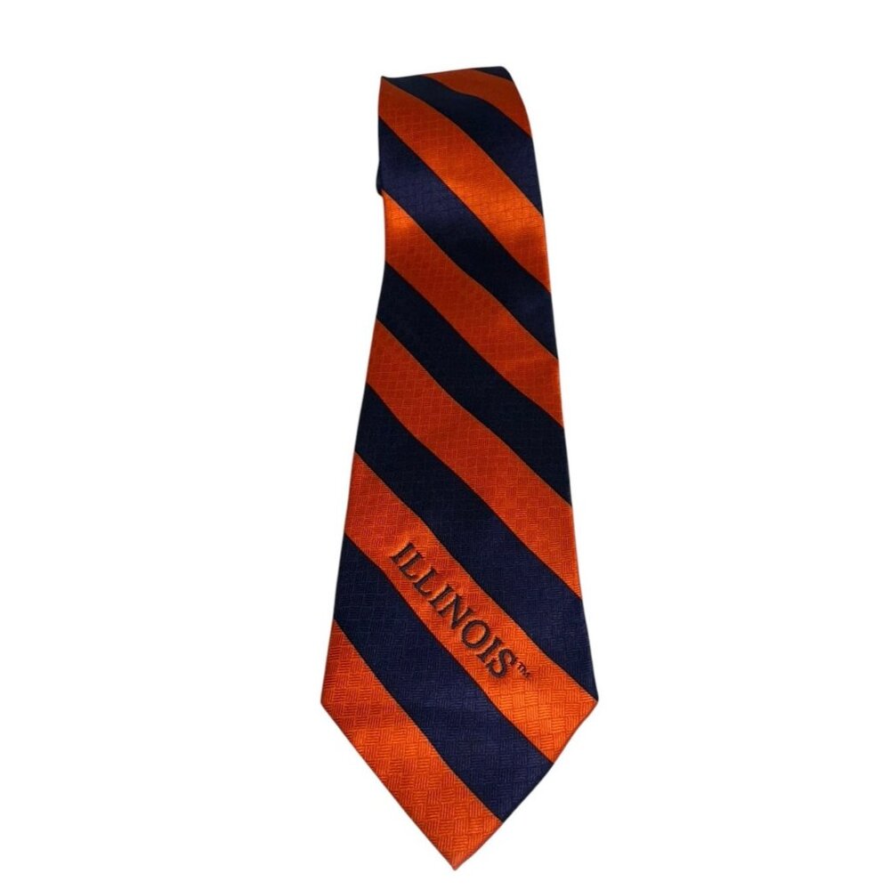 Merge Left Mens 100% Silk Tie Navy Orange Stripe Illinois Fighting Illini